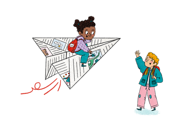 Kind auf Papierflieger Illustration © Irem Kurt / Save the Children Ein Kita-Kind fliegt freudestrahlend auf einem Papierflieger umher. Ein anderes Kind mit Schulrucksack winkt ihm zu.