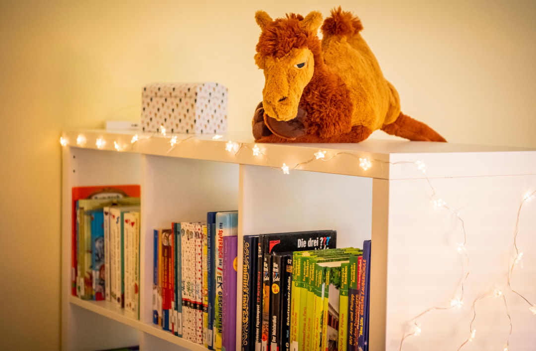 Bücherregal mit Lichterkette und Kuscheltier