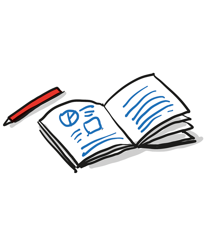 Methodensammlung Titelbild © Julia Friese / Save the Children Grafik eines aufgeklappten Heftes mit Stift daneben
