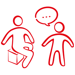 Symbolbild: Kinder haben ein Recht darauf, gehört zu werden. © Save the Children Icon, das zwei Figuren zeigt, die sich miteinander unterhalten.