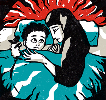 Grafik, die Frau und Kleinkind in einem Bett zeigt