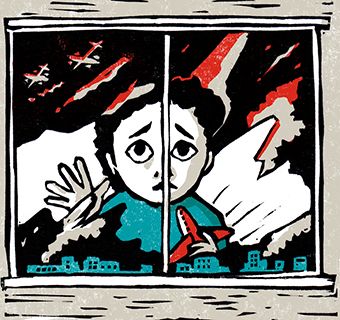 Grafik, die ein Kind hinter einem Fenster zeigt, von wo es eine Kampfhandlung beobachtet