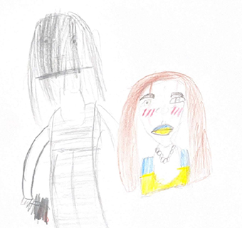 Hilda*, 12 Jahre, aus der Ukraine hat dieses Bild in einem Schutz- und Spielraum von Save the Children gezeichnet. Es zeigt eine weinende Frau in den Farben der ukrainischen Flagge im Krieg. © Save the Children