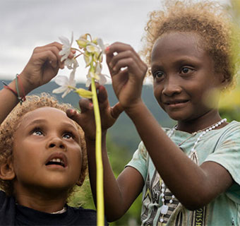 Zwei Kinder pflücken Blumen im Garten