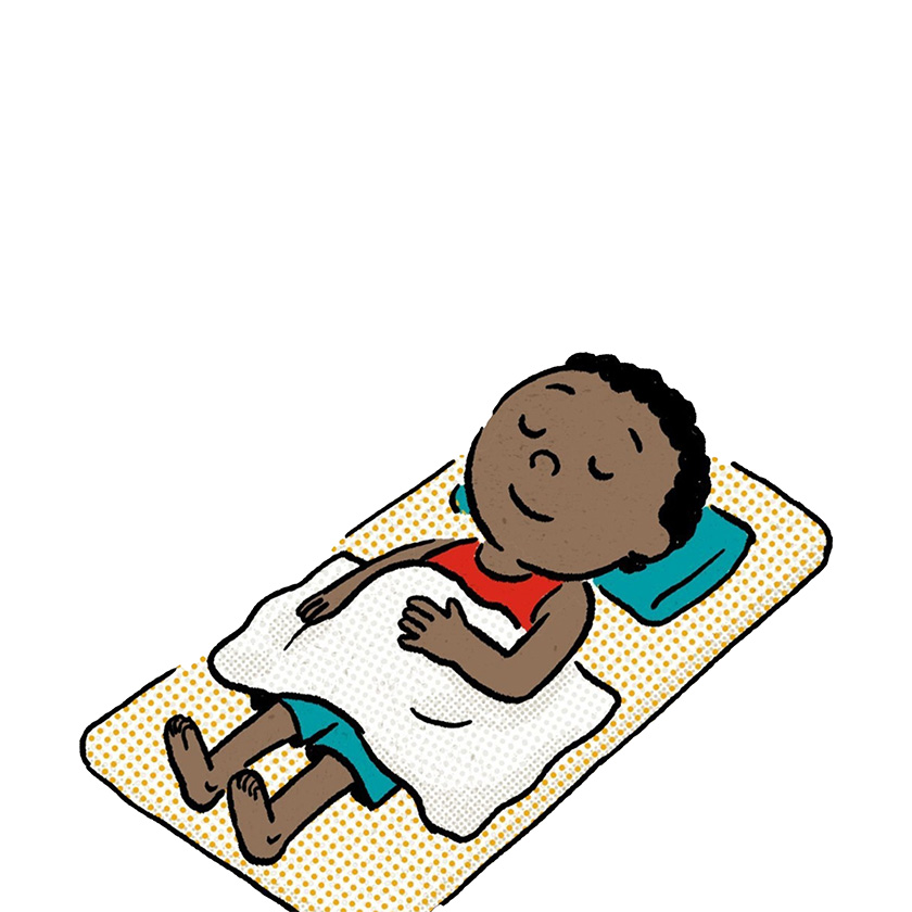 Tipp bei einer Hitzewelle: die Mittagshitze verschlafen. © Takayo Akiyama, Illustrations and Tom Fincham, Design / Save the Children Illustration eines schlafenden Kindes