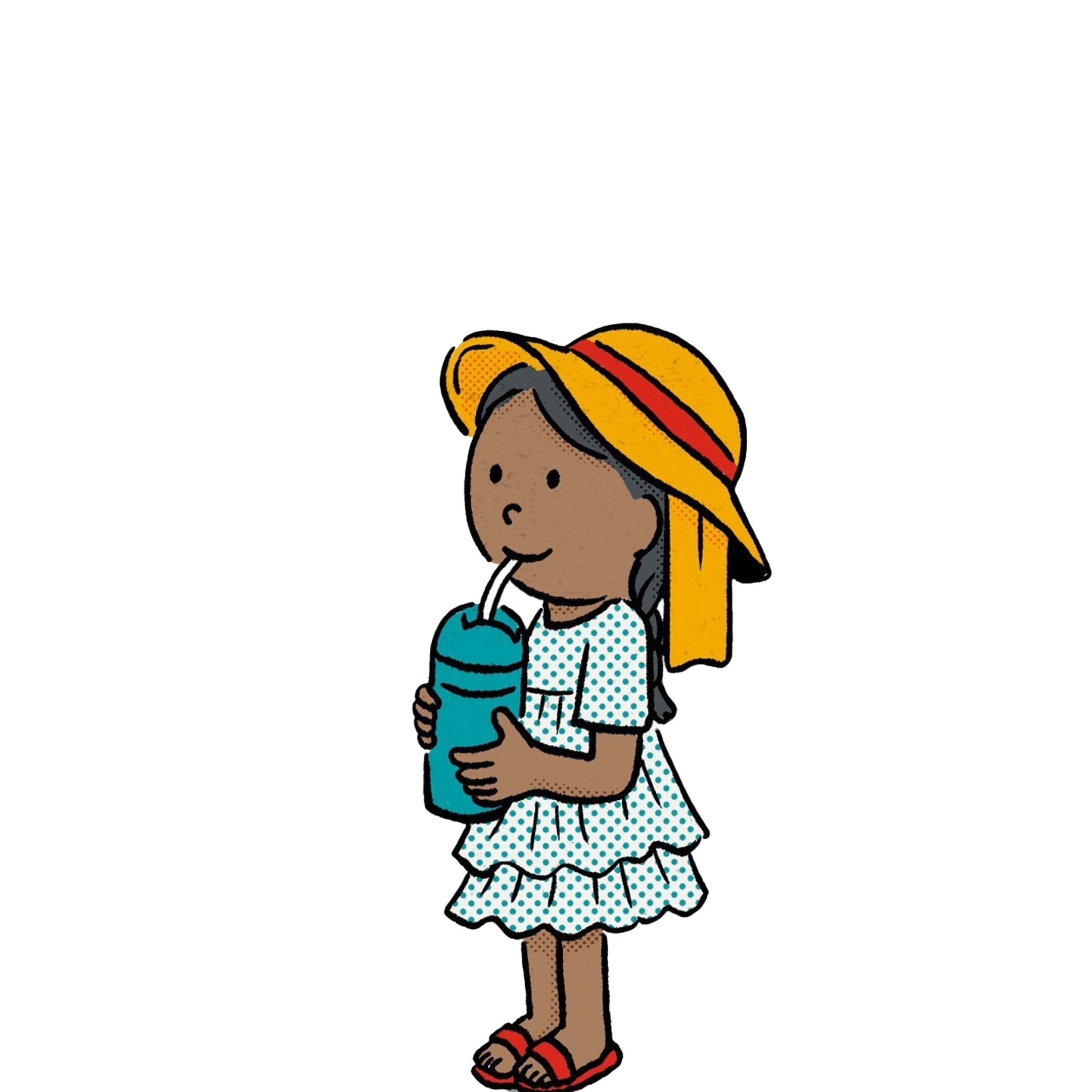 Tipp bei einer Hitzewelle: Genug trinken. © Takayo Akiyama, Illustrations and Tom Fincham, Design / Save the Children Eine Illustration eines Kindes, das aus einem Becher mit Strohhalm trinkt