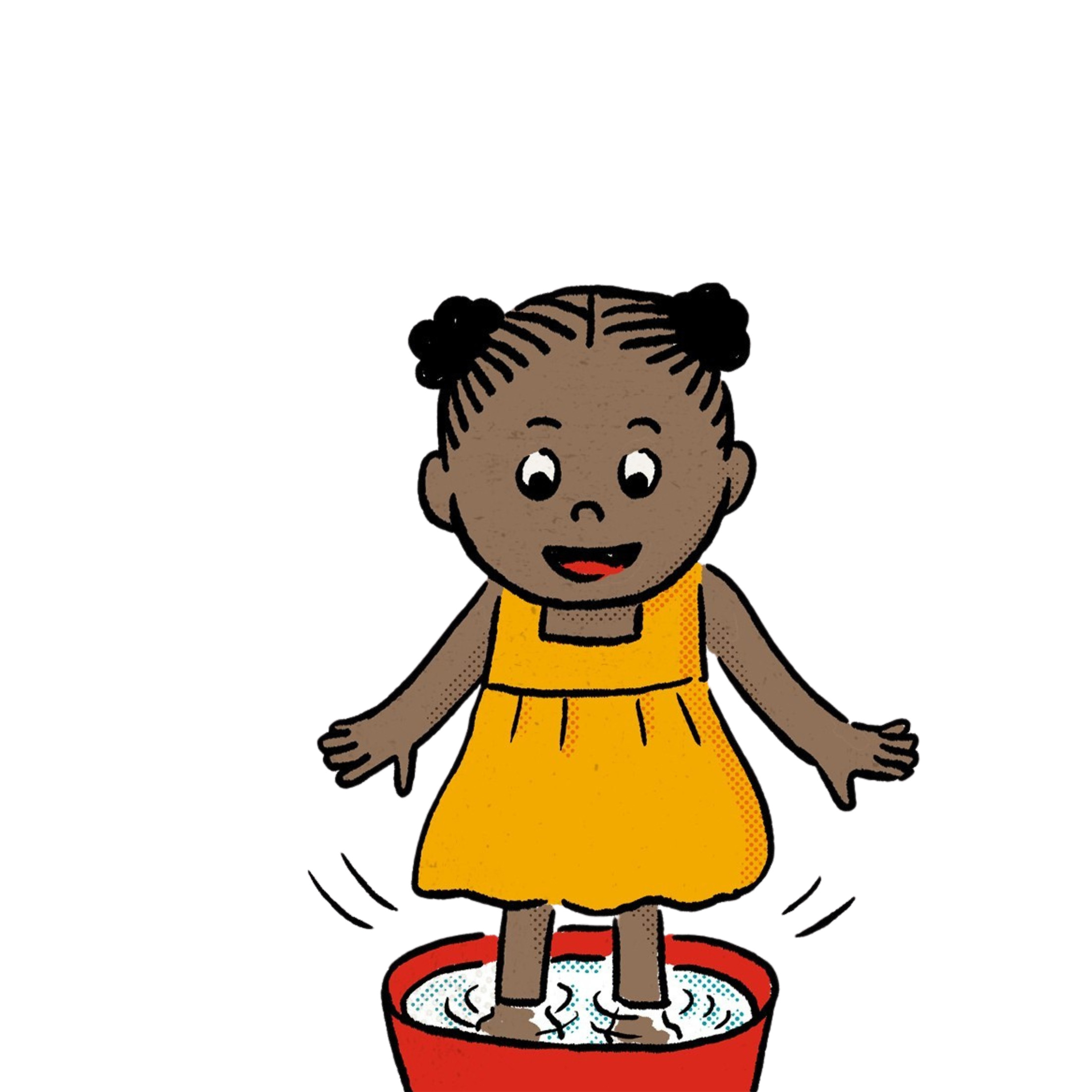 Tipp bei einer Hitzewelle: Mit Wasser abkühlen. © Takayo Akiyama, Illustrations and Tom Fincham, Design / Save the Children Eine Illustration eines Kindes, das in einem Eimer mit Wasser steht