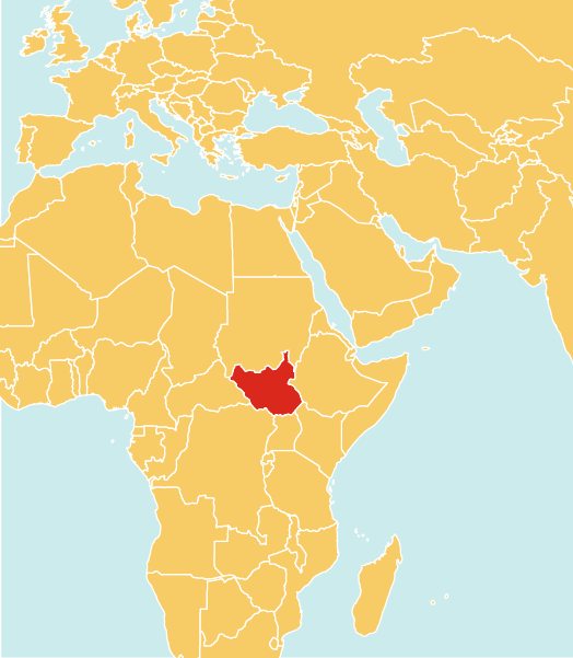 Weltkartenausschnitt von Afrika, auf dem Südsudan rot markiert ist.