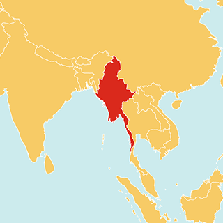 Eine Weltkarte, die in rot Myanmar anzeigt, wo Save the Children aktiv ist