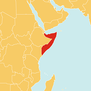 Eine Weltkarte, die in rot Somalia anzeigt, wo Save the Children aktiv ist
