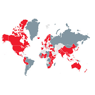 Weltkarte mit roten Einfärbungen