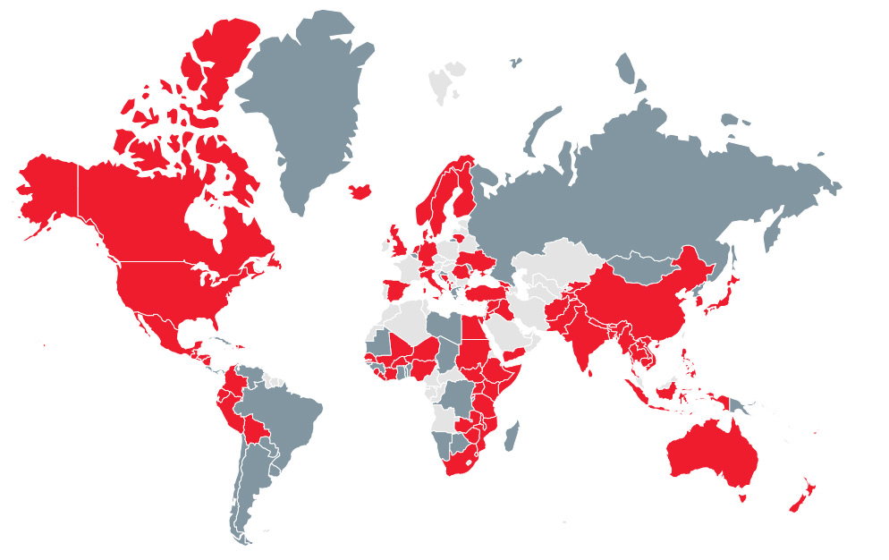 Weltkarte mit roten Einfärbungen