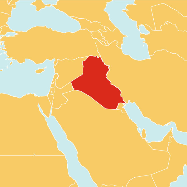 Weltkarte mit dem Irak im Mittelpunkt